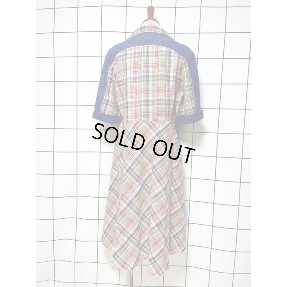 画像5: チェック柄 デニム切り替えし 後ろ姿もGood レトロ ヨーロッパ古着 ヴィンテージワンピース【5915】 (5)