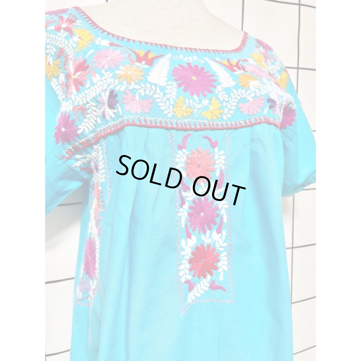 画像10: メキシカン刺繍 ライトブルー フォークロア 半袖 レトロ USA古着 ヴィンテージメキシカンドレス (10)