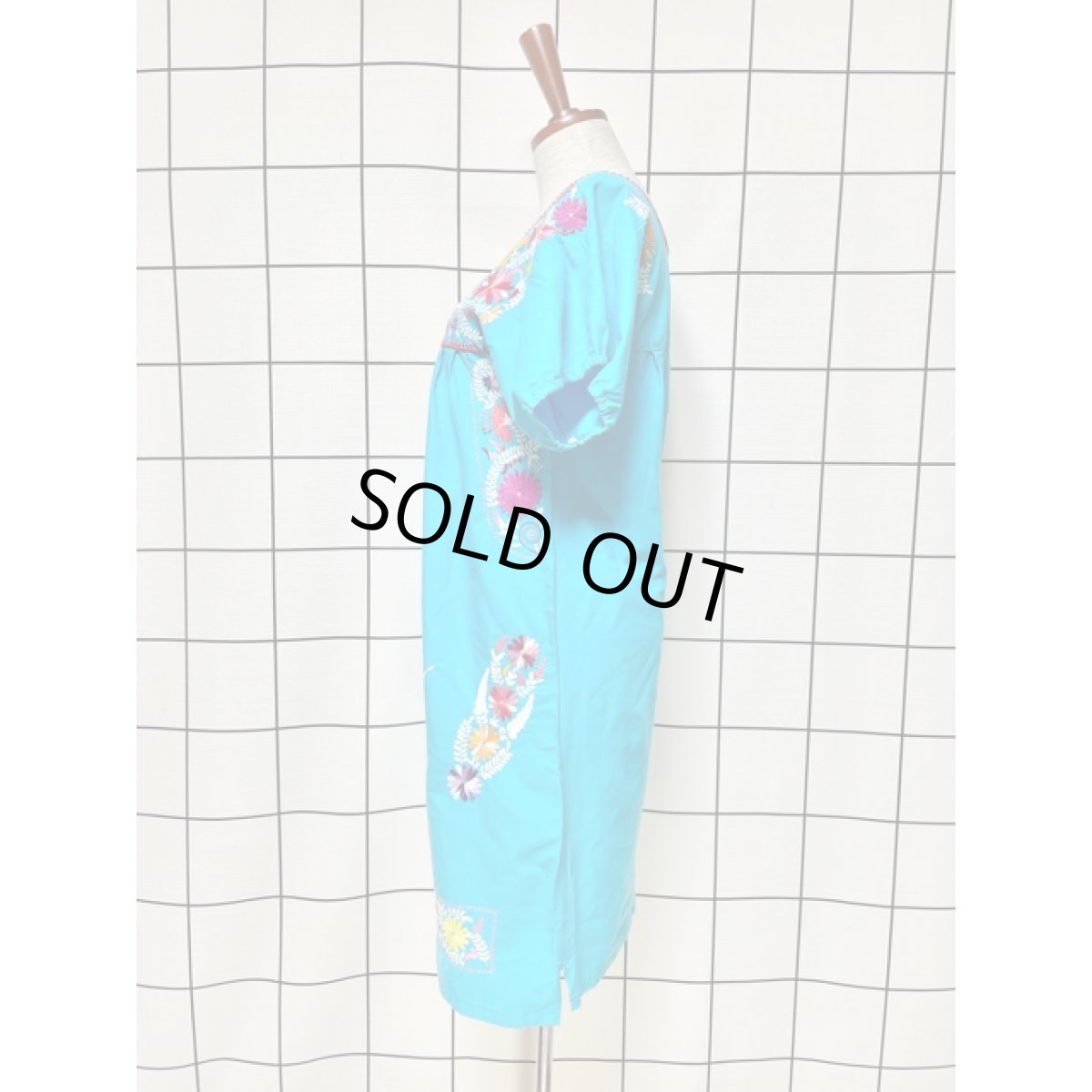 画像7: メキシカン刺繍 ライトブルー フォークロア 半袖 レトロ USA古着 ヴィンテージメキシカンドレス (7)