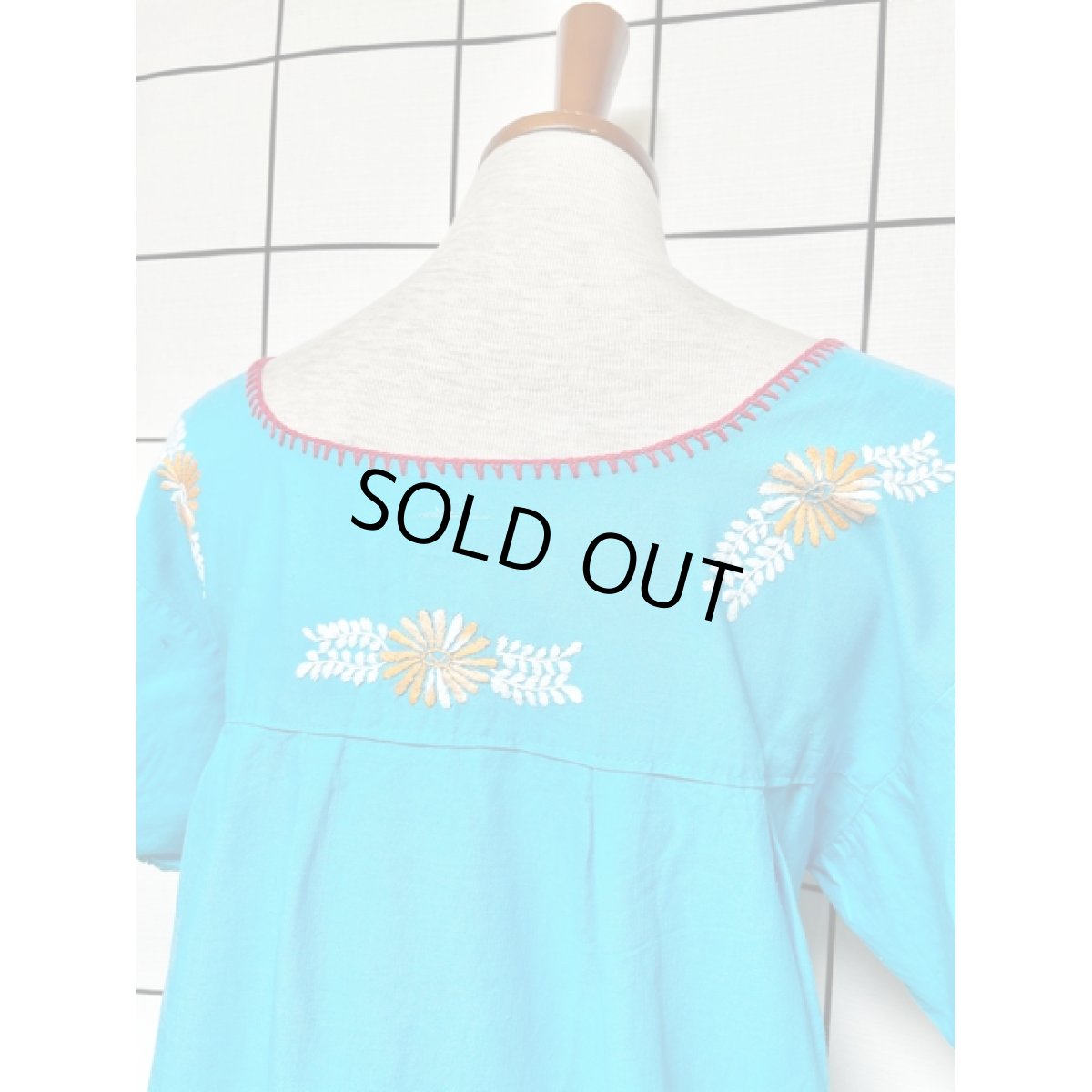 画像6: メキシカン刺繍 ライトブルー フォークロア 半袖 レトロ USA古着 ヴィンテージメキシカンドレス (6)
