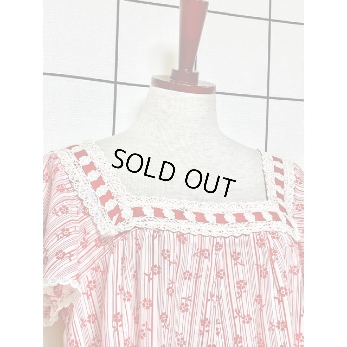 画像3: USA古着　ストライプ柄×小花柄♪アンティークリボン×お花レース装飾!!レトロガーリーアンティークワンピース (3)