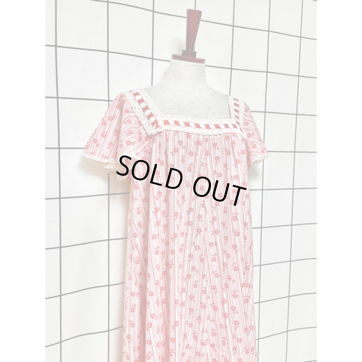 画像6: USA古着　ストライプ柄×小花柄♪アンティークリボン×お花レース装飾!!レトロガーリーアンティークワンピース (6)