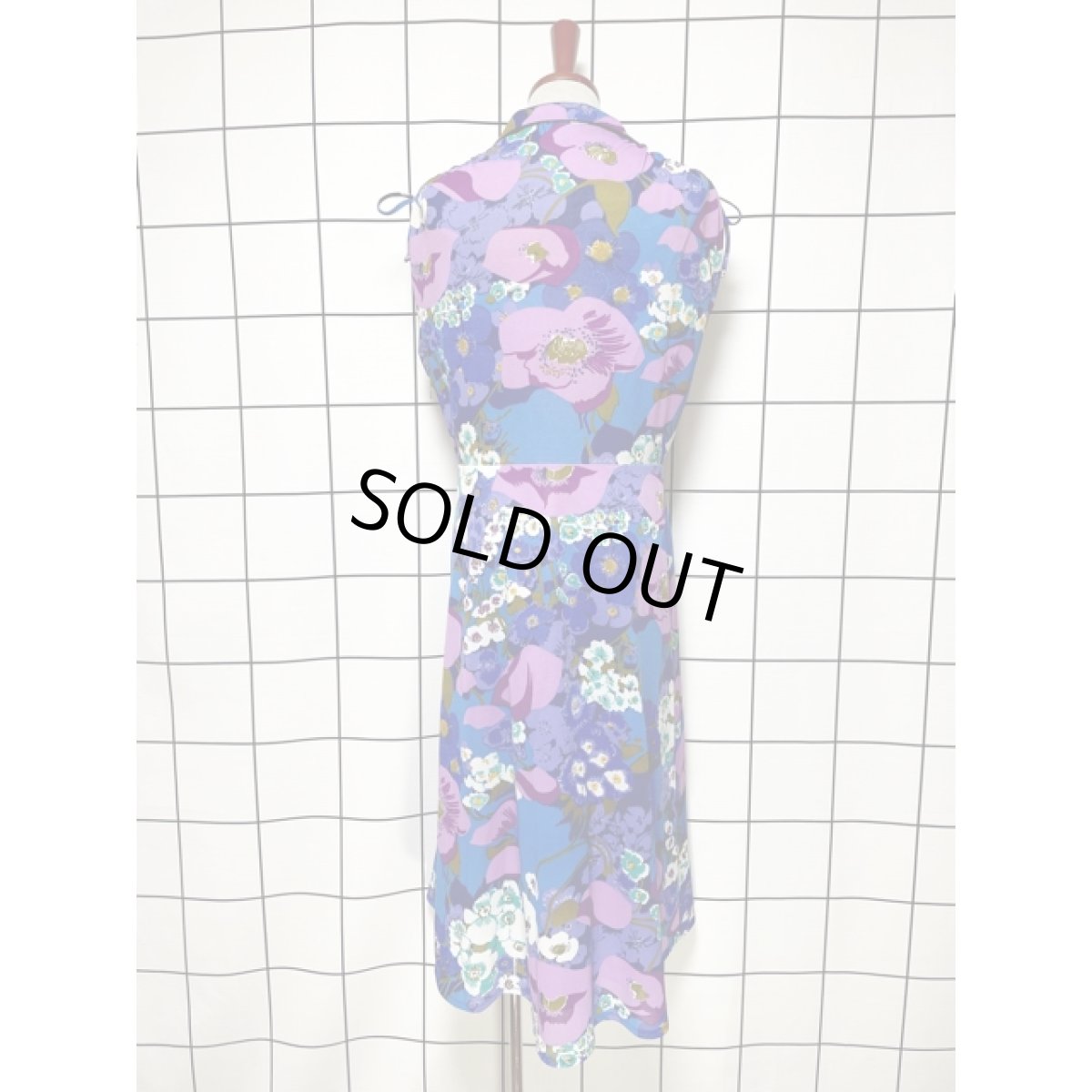 画像5: フランス古着 花柄 フレンチスリーブ ブルー パープル 両肩リボン結び 大人可愛い レトロ ヨーロッパ古着 ヴィンテージワンピース (5)