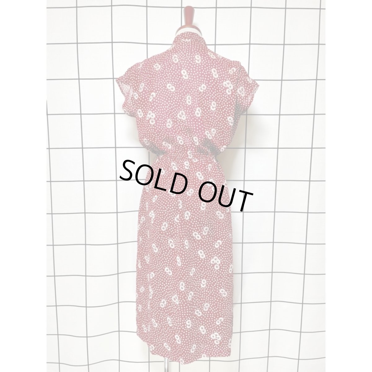 画像5: ドット柄 花柄 フレンチスリーブ 首元リボン ウエストゴム 70's レトロ レディース 昭和レトロ 国産古着 レトロワンピース【7912】 (5)