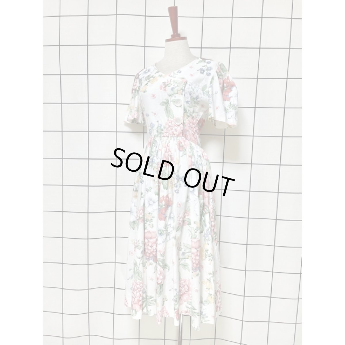 画像2: アンティークフラワー柄 ホワイト ウエストゴム クラシカル TALON 半袖 レトロ USA古着 ヴィンテージワンピース (2)