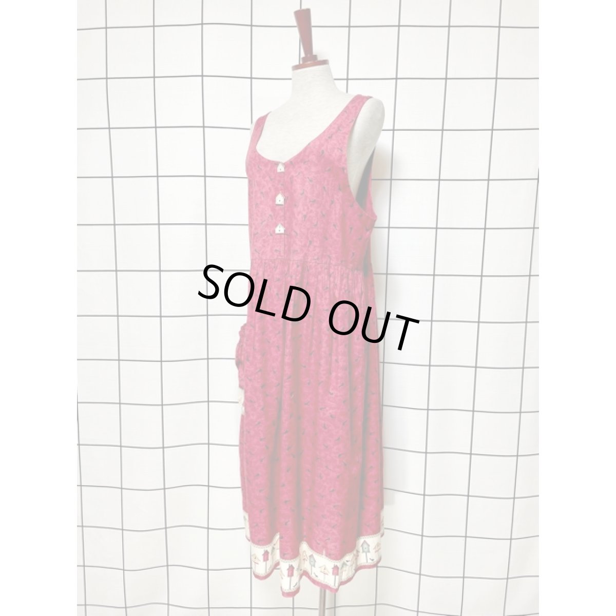 画像2: 鳥の巣箱柄 鳥柄 巣箱型ボタン ノースリーブ レトロ USA古着 ヴィンテージワンピース【V7945】 (2)