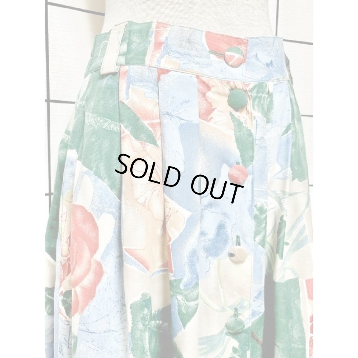 画像2: アート調 花柄 前開き ウエストゴム スリット レトロ ヨーロッパ古着 ヴィンテージ スカート【V7951】 (2)