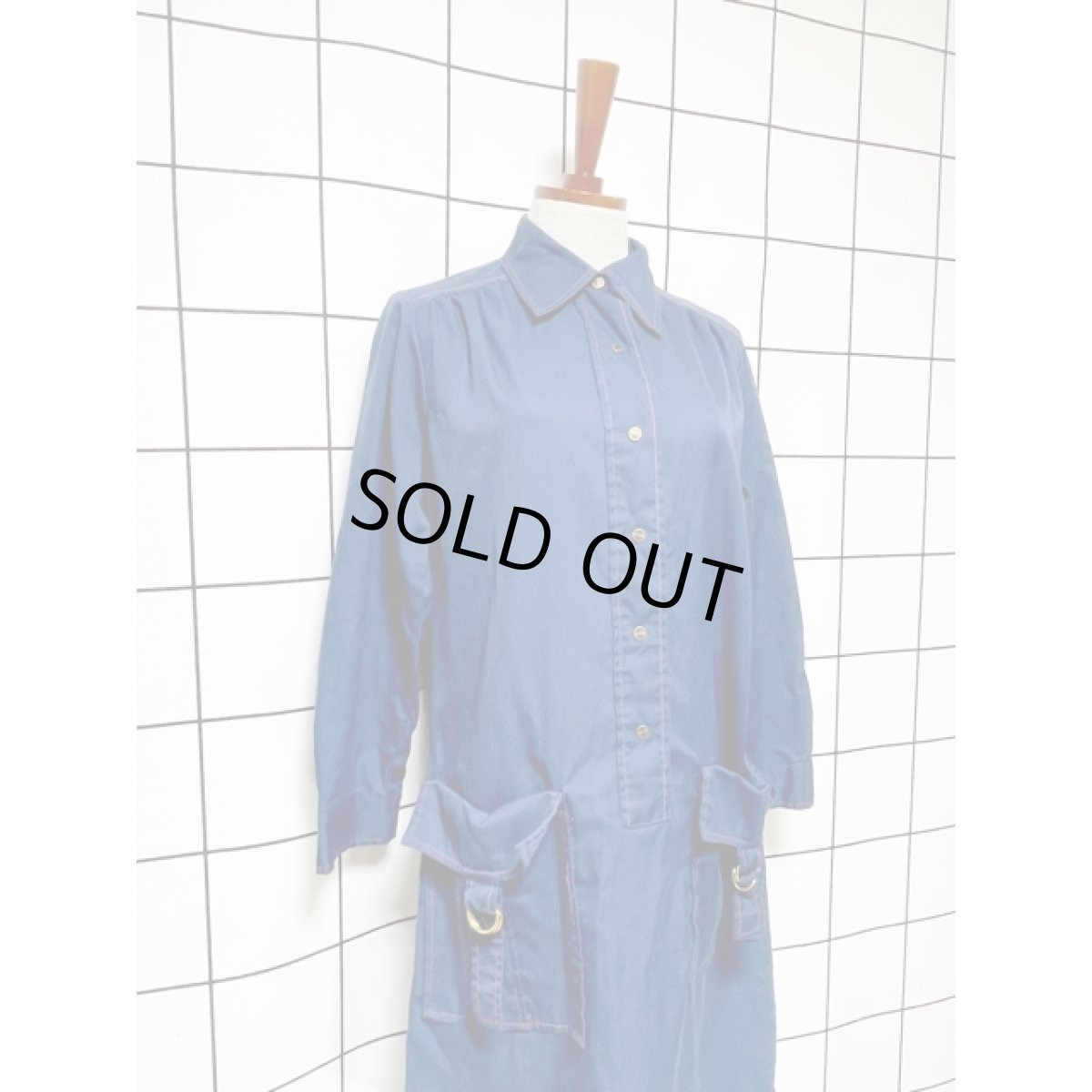 画像6: 無地 ネイビー レッドステッチ 長袖 レトロ USA古着 ヴィンテージワンピース【V8014】  (6)