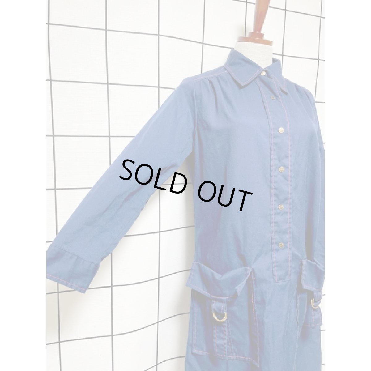 画像4: 無地 ネイビー レッドステッチ 長袖 レトロ USA古着 ヴィンテージワンピース【V8014】  (4)