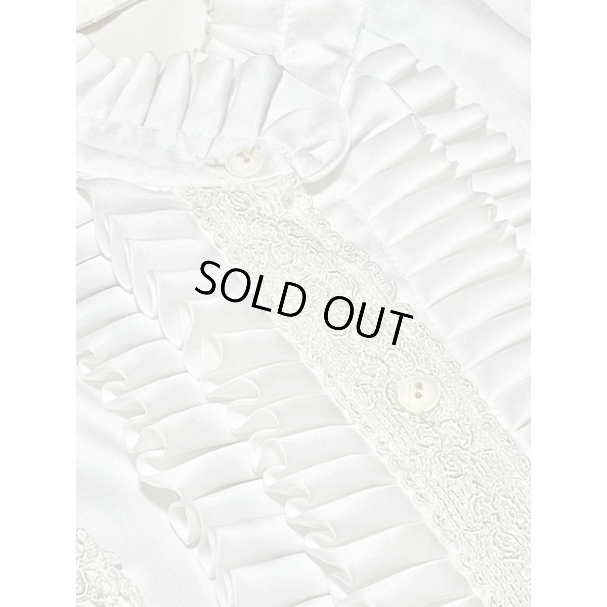 画像12: 贅沢なフロントフリル レース装飾 スタンドカラー ホワイト 昭和レトロ 国産古着 長袖 シャツ ブラウス (12)