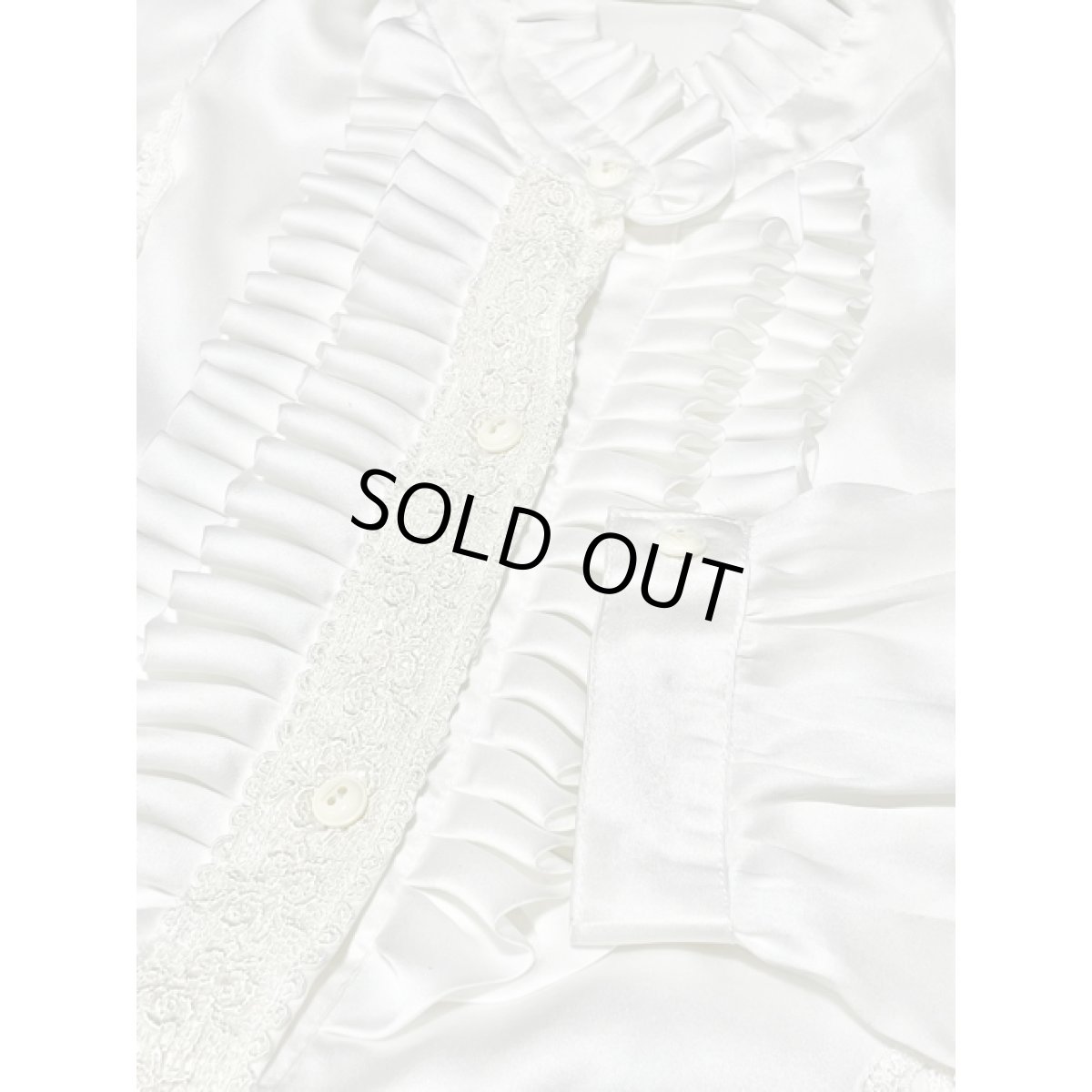 画像10: 贅沢なフロントフリル レース装飾 スタンドカラー ホワイト 昭和レトロ 国産古着 長袖 シャツ ブラウス (10)