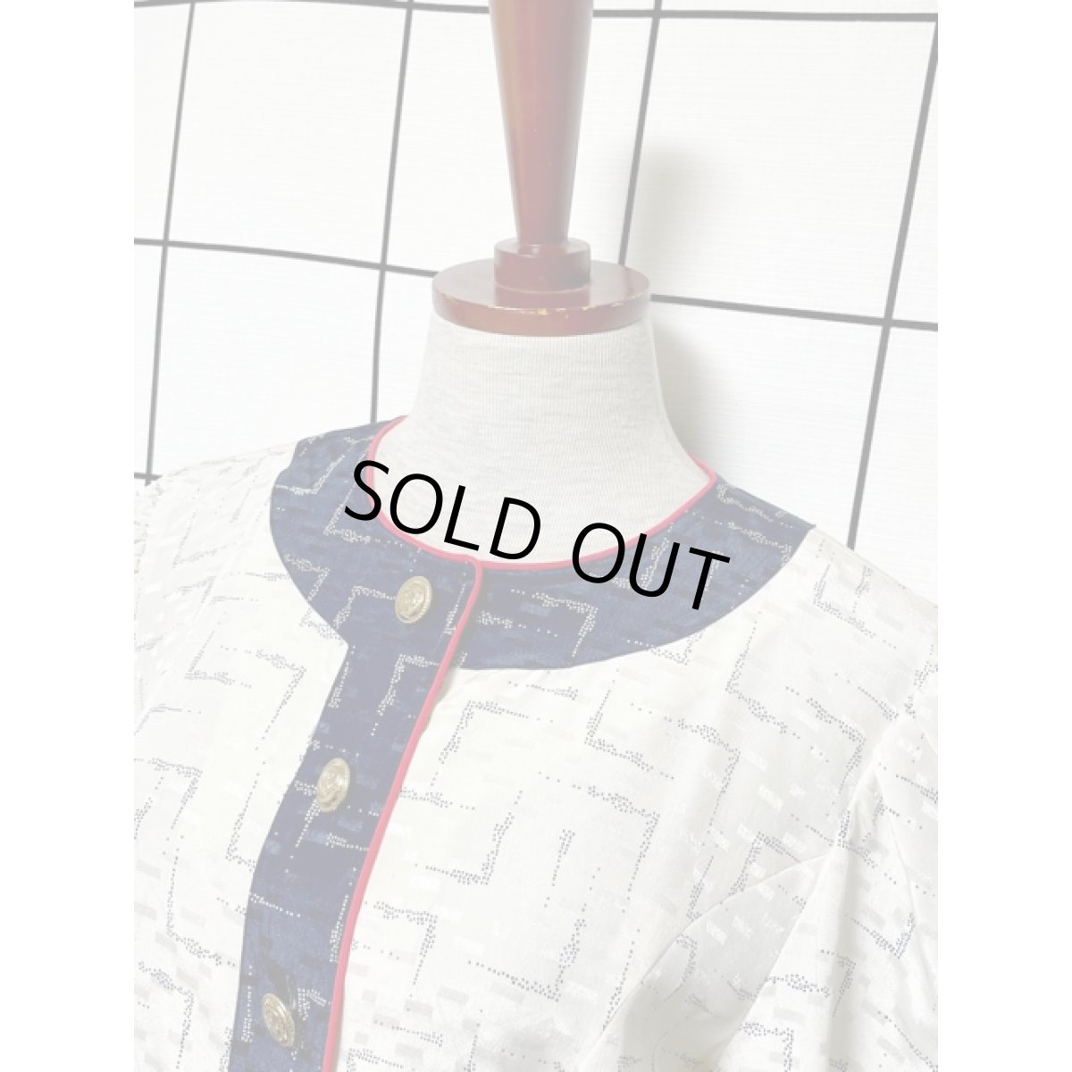 画像7: ホワイト ネイビー 切り替えし イカリ型ボタン 長袖 レトロ USA古着 ヴィンテージワンピース (7)