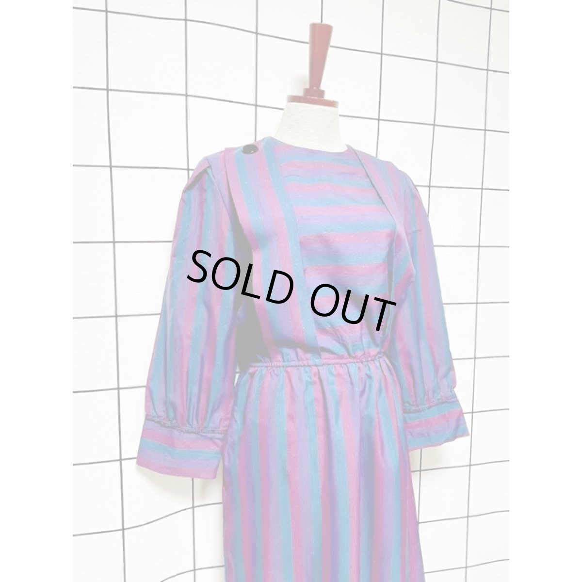 画像6: ストライプ ボーダー ピンドット ウエストゴム レトロ 長袖 USA古着 ヴィンテージワンピース【V8034】 (6)