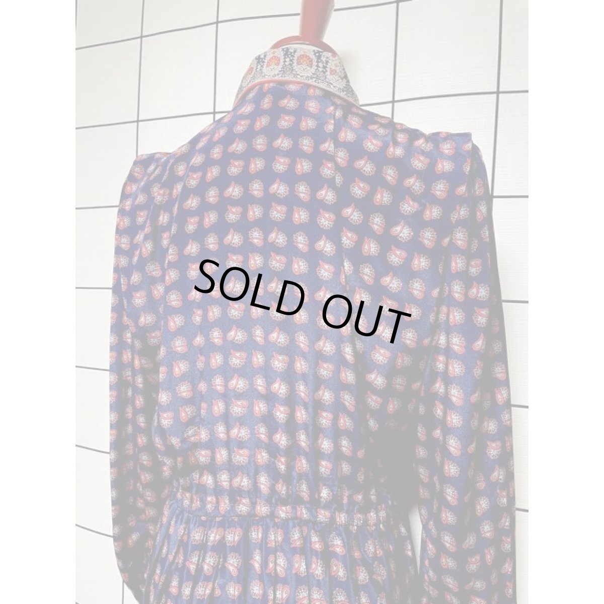 画像6: ペイズリーモチーフ ネイビー プリーツ ウエストゴム 長袖 レトロ USA古着 ヴィンテージワンピース【V8043】 (6)