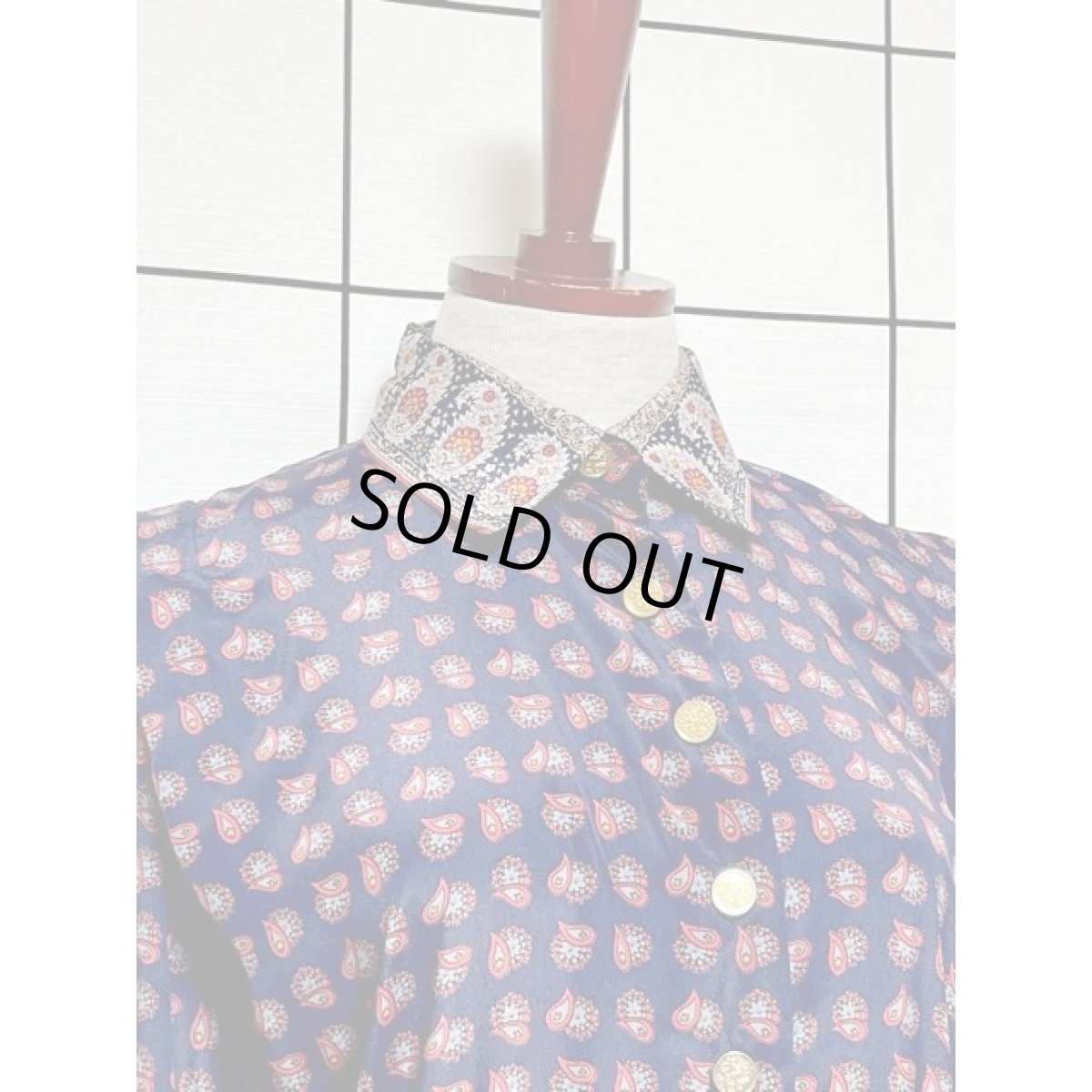 画像3: ペイズリーモチーフ ネイビー プリーツ ウエストゴム 長袖 レトロ USA古着 ヴィンテージワンピース【V8043】 (3)