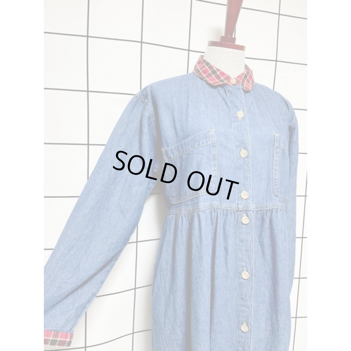 画像4: アメリカ古着 ワンピース ヴィンテージ デニム チェック 前開き 長袖 レトロ (4)