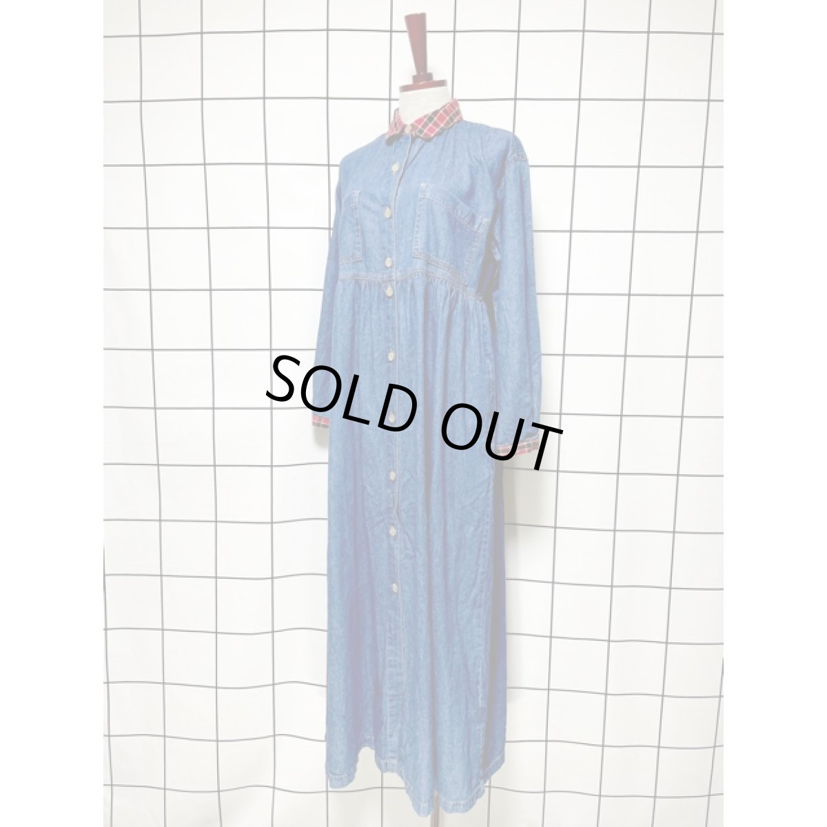 画像2: アメリカ古着 ワンピース ヴィンテージ デニム チェック 前開き 長袖 レトロ (2)