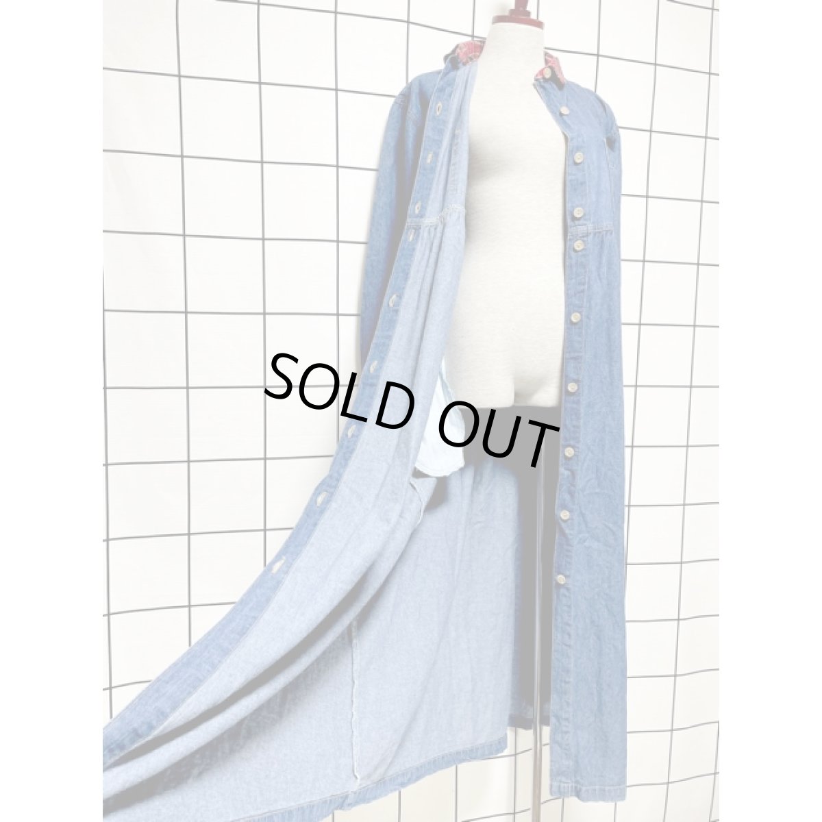 画像13: アメリカ古着 ワンピース ヴィンテージ デニム チェック 前開き 長袖 レトロ (13)