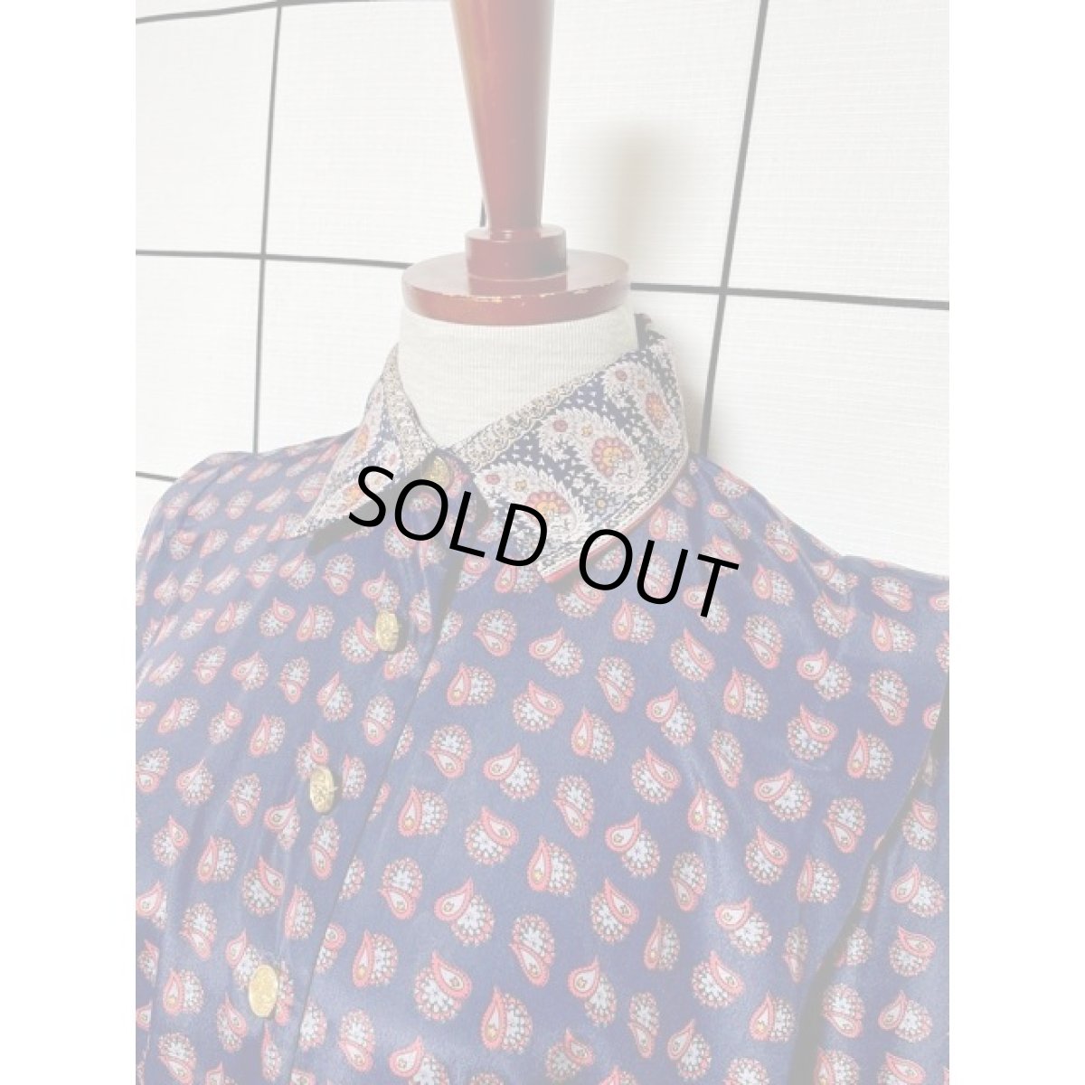 画像8: ペイズリーモチーフ ネイビー プリーツ ウエストゴム 長袖 レトロ USA古着 ヴィンテージワンピース【V8043】 (8)