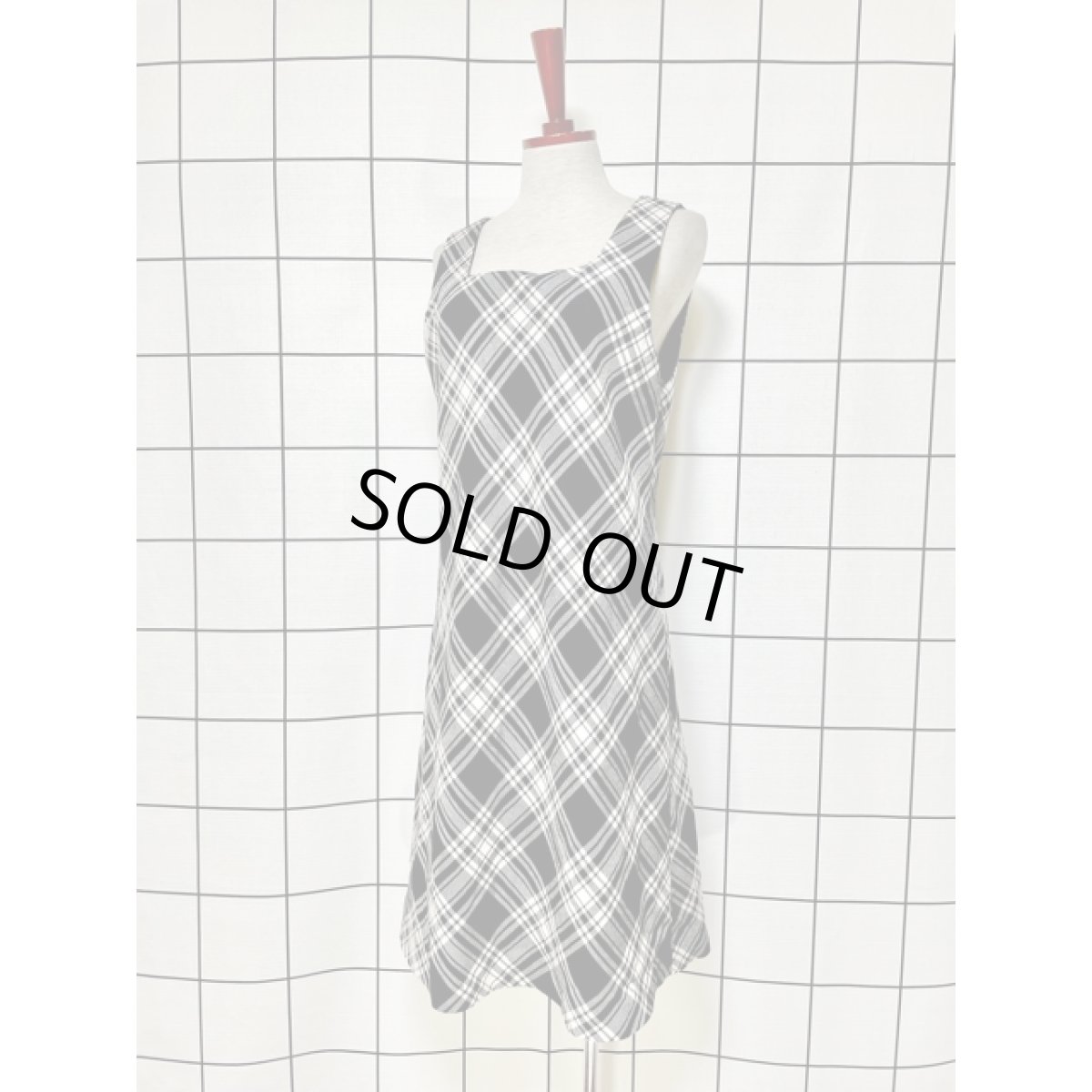 画像2: ウール チェック柄 モノトーン ノースリーブ レトロ USA古着 ヴィンテージジャンパースカート【V8056】 (2)