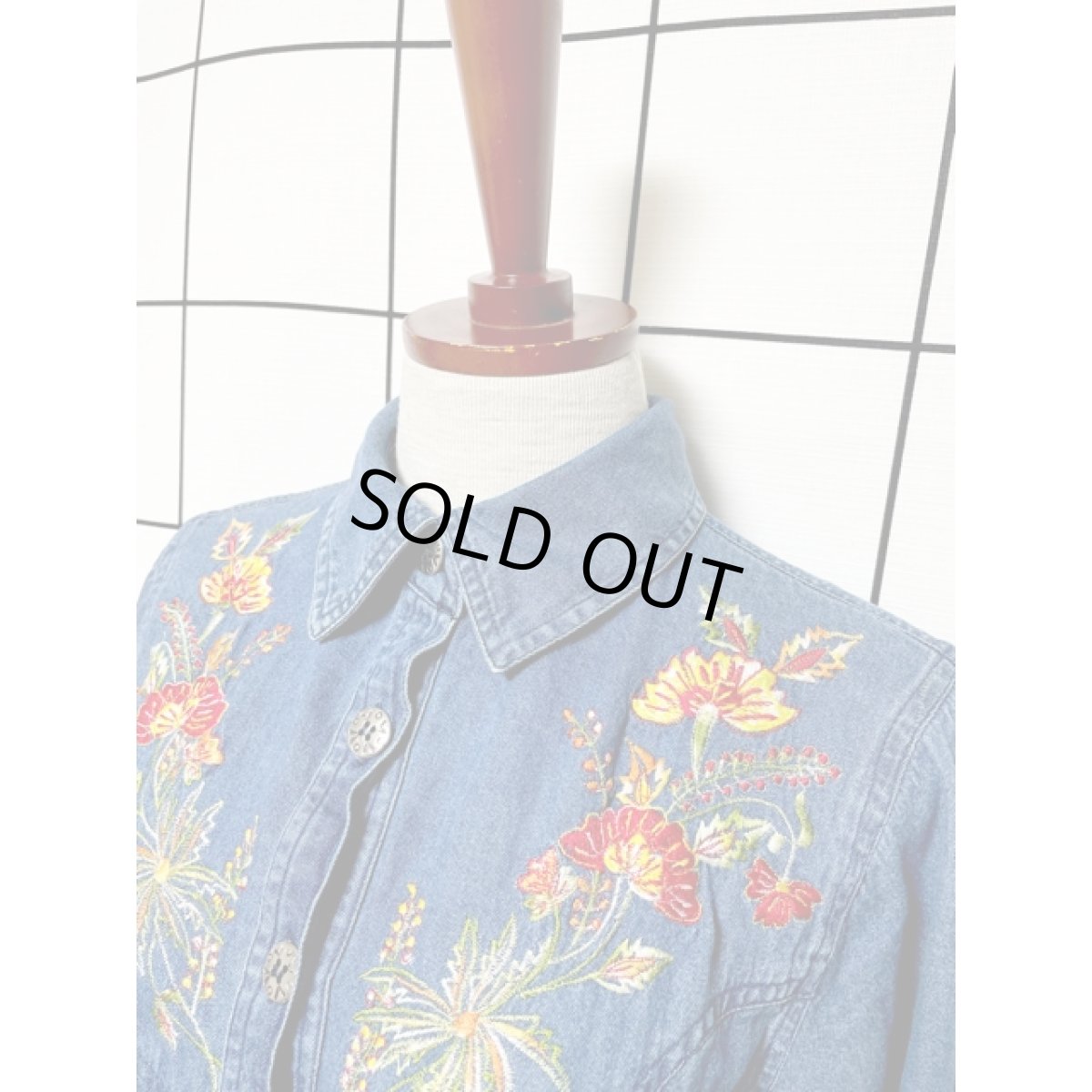 画像7: India 刺繍 デニム 前開き ウエストゴム 長袖 レトロ USA古着 ヴィンテージワンピース【8065】 (7)