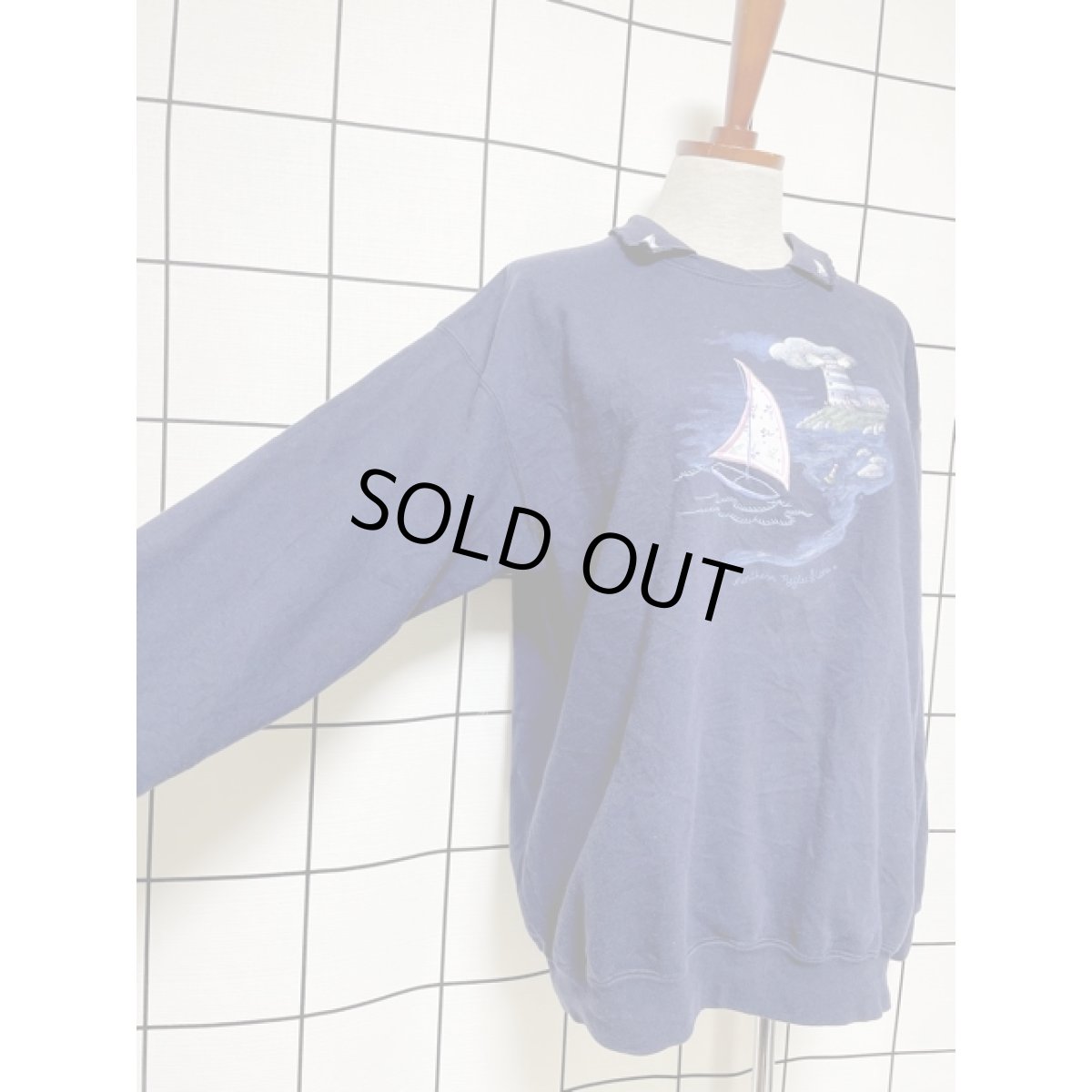 画像4: ヨット 風景画 ネイビー 襟付 オーバーサイズ レトロ USA古着 長袖 ヴィンテージスウェット (4)