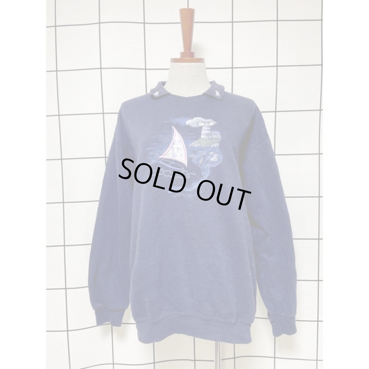 画像1: ヨット 風景画 ネイビー 襟付 オーバーサイズ レトロ USA古着 長袖 ヴィンテージスウェット (1)