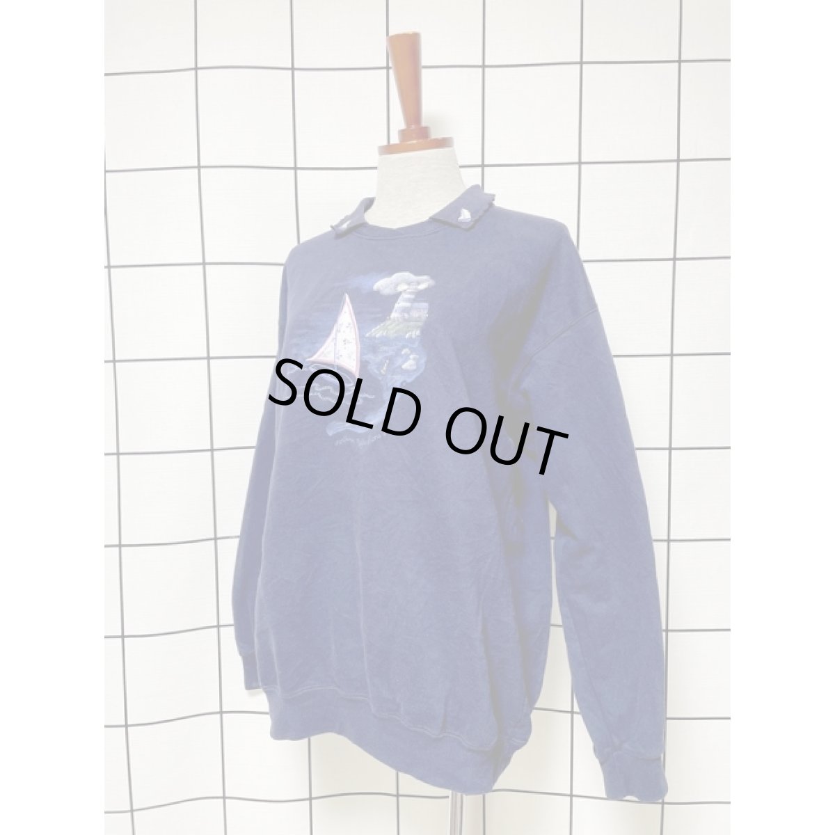 画像2: ヨット 風景画 ネイビー 襟付 オーバーサイズ レトロ USA古着 長袖 ヴィンテージスウェット (2)