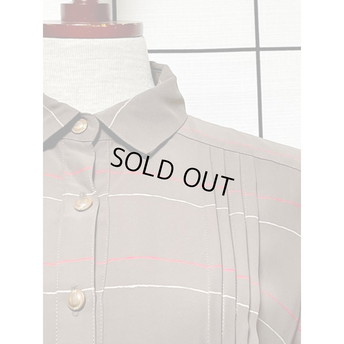 画像8: バックルベルト付 ボーダー プリーツ ウエストゴム レトロ 国産古着 ヴィンテージワンピース【8083】 (8)