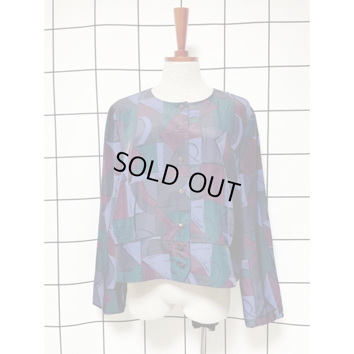 画像2: レトロブラウス アート柄 ノーカラー 長袖 古着 (2)