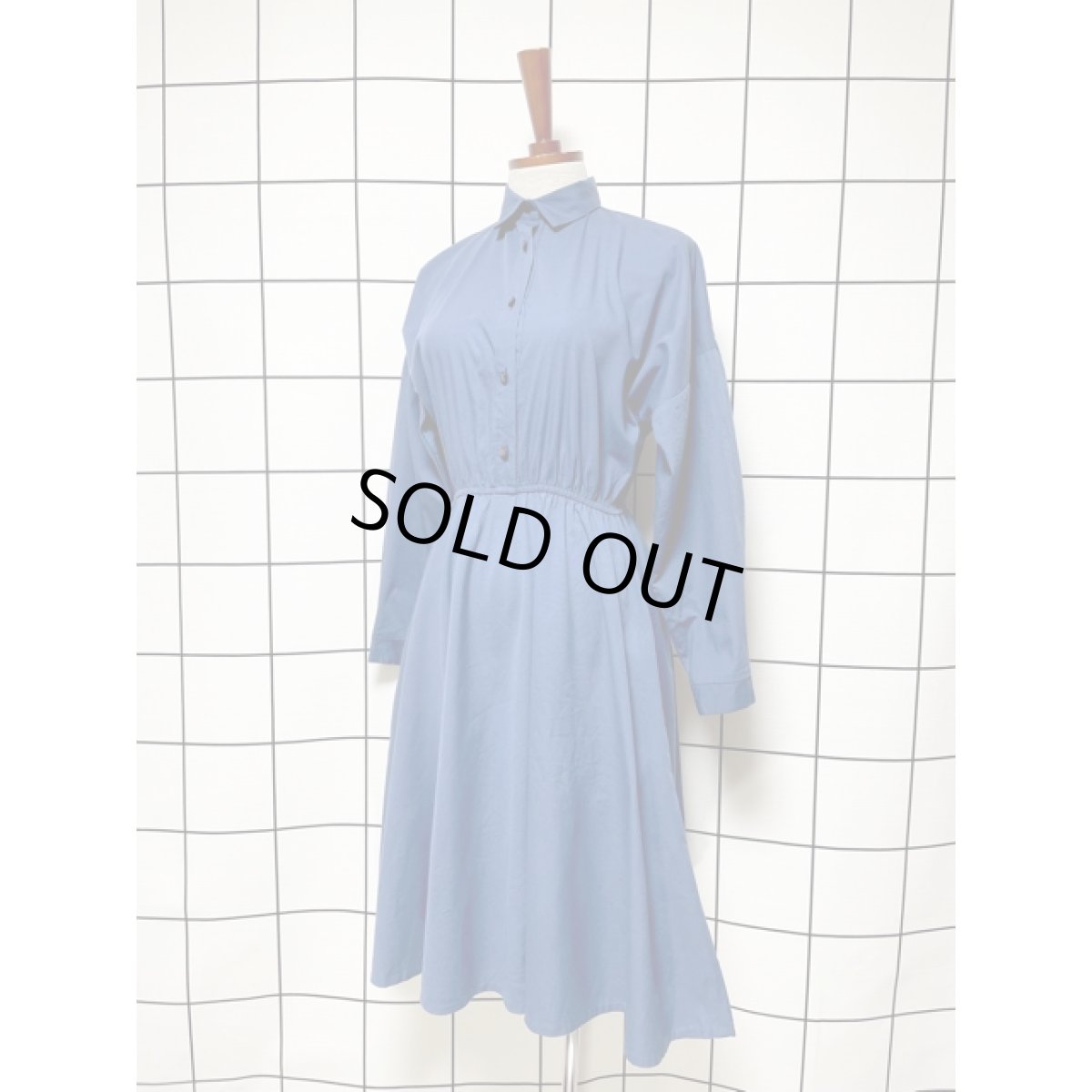 画像2: 無地 ウエストゴム 長袖 レトロ USA古着 ヴィンテージワンピース【8164】 (2)