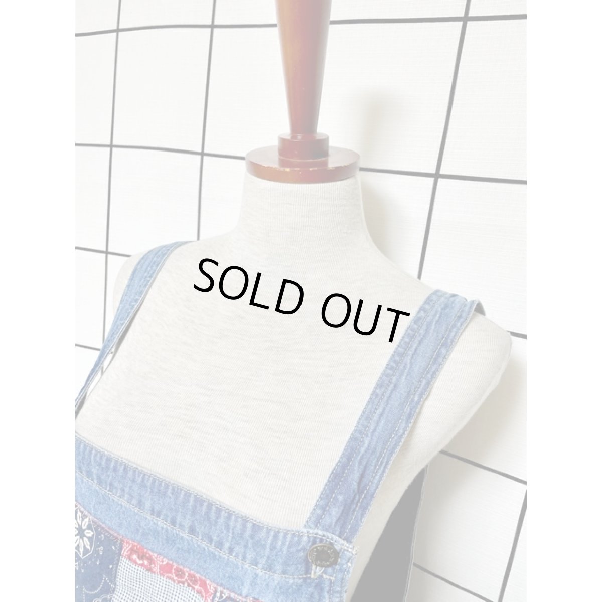 画像8: バンダナ チェック ドットパッチ デニム ノースリーブ レトロ USA古着 ヴィンテージジャンパースカート【V8245】 (8)