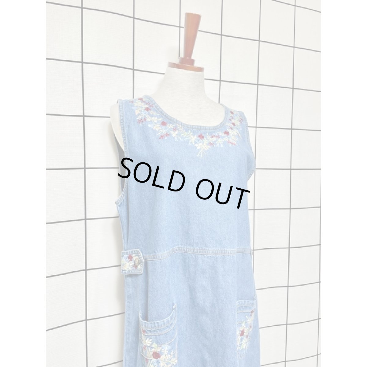 画像7: デニム 刺繍 ノースリーブ レトロ USA古着 ヴィンテージワンピース (7)