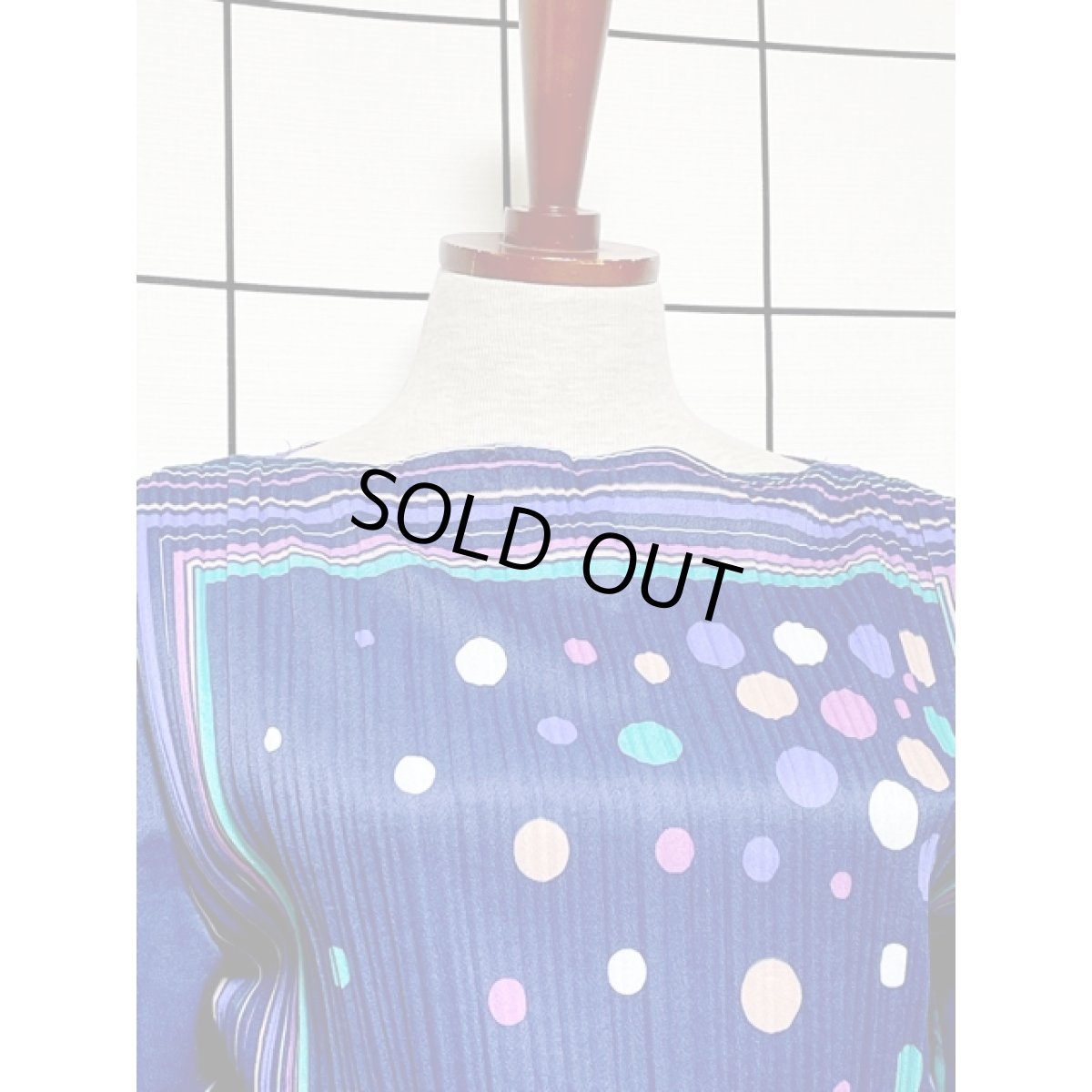 画像3: ドット ボーダー プリーツ ウエストゴム レトロ 長袖 USA古着 ヴィンテージワンピース【V8241】　　 (3)