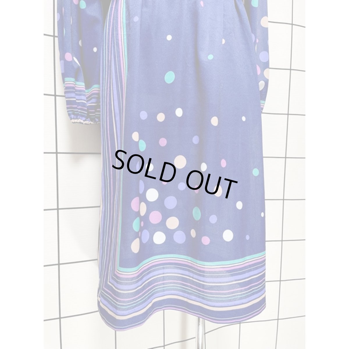 画像10: ドット ボーダー プリーツ ウエストゴム レトロ 長袖 USA古着 ヴィンテージワンピース【V8241】　　 (10)