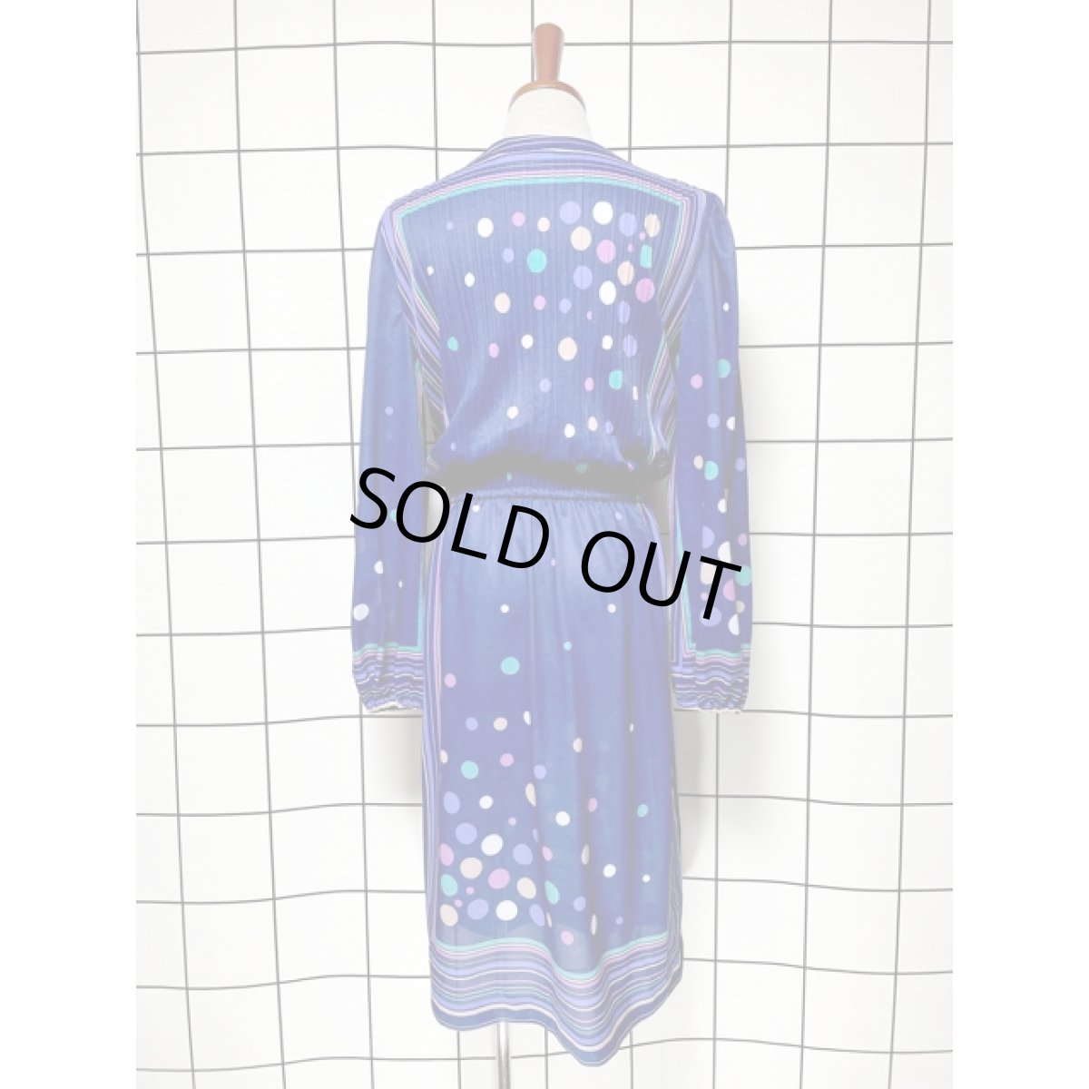 画像5: ドット ボーダー プリーツ ウエストゴム レトロ 長袖 USA古着 ヴィンテージワンピース【V8241】　　 (5)