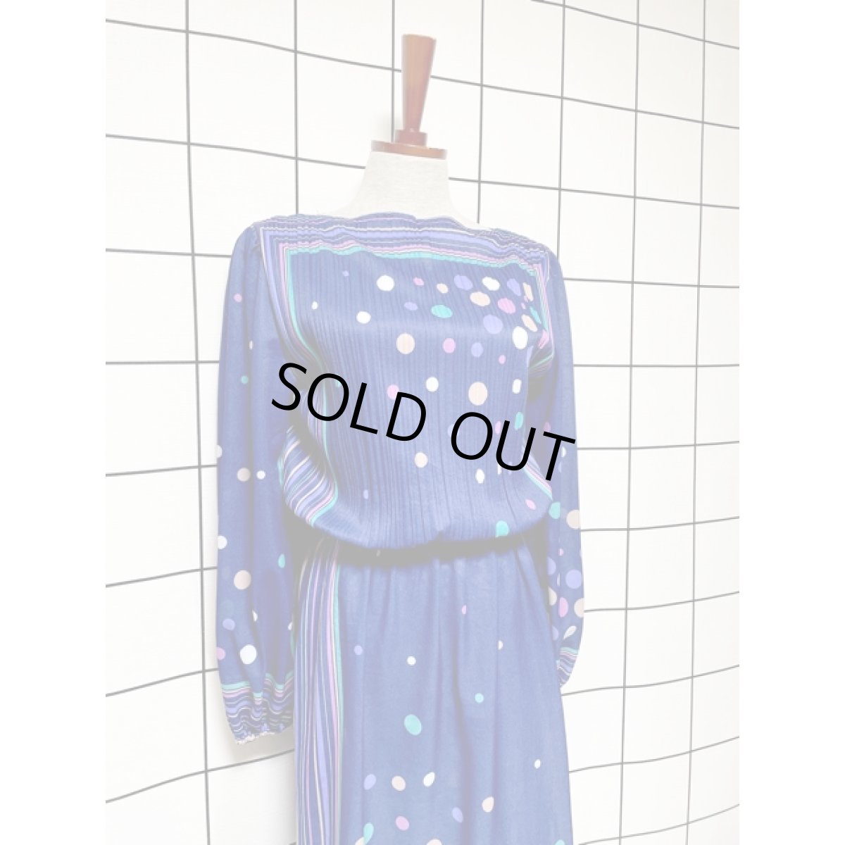 画像7: ドット ボーダー プリーツ ウエストゴム レトロ 長袖 USA古着 ヴィンテージワンピース【V8241】　　 (7)