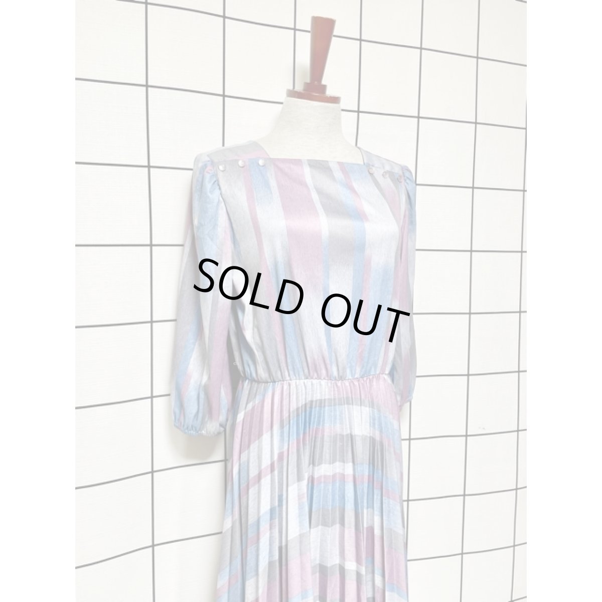 画像6: ストライプ ボーダー プリーツ ウエストゴム レトロ 長袖 USA古着 ヴィンテージドレス【V8255】 (6)