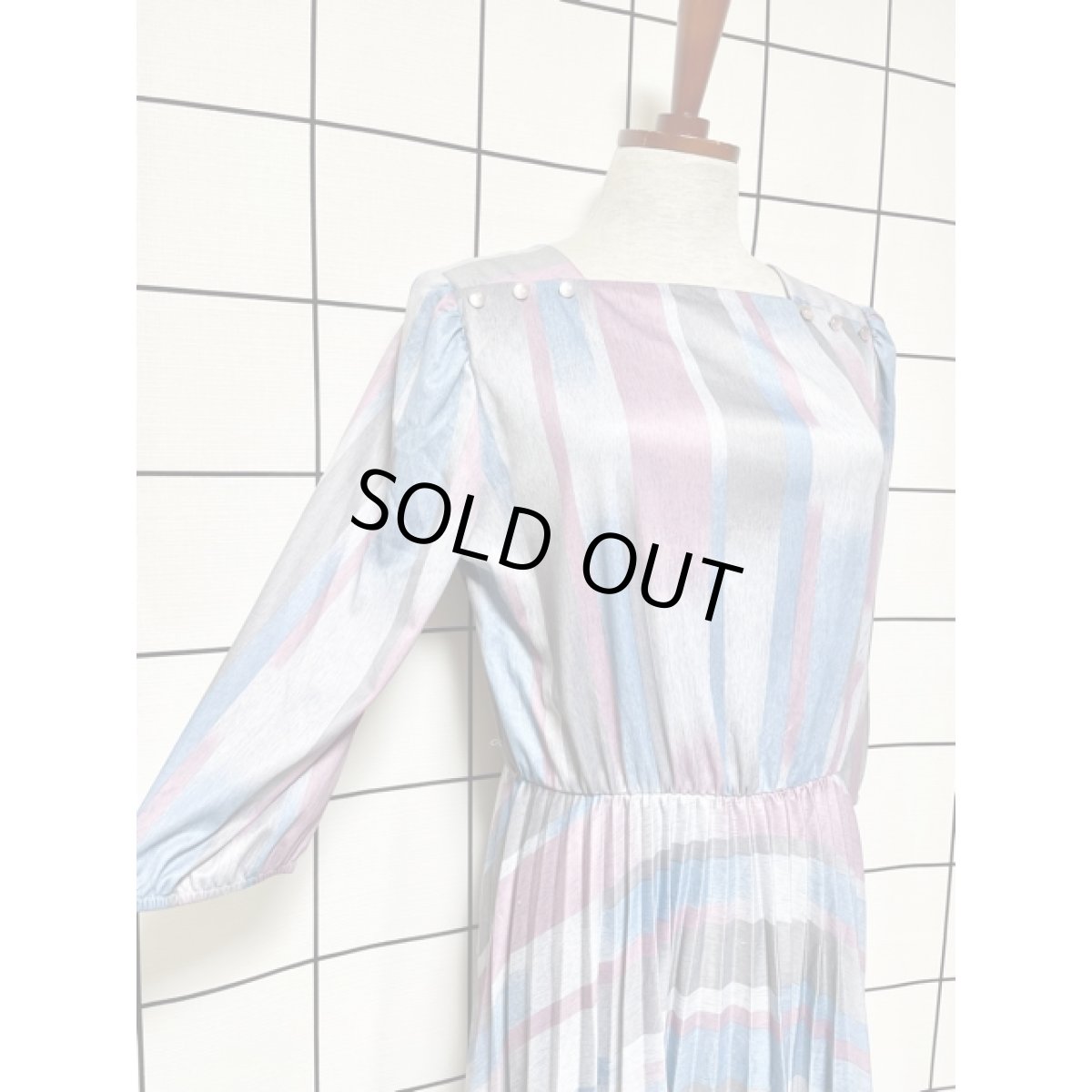 画像4: ストライプ ボーダー プリーツ ウエストゴム レトロ 長袖 USA古着 ヴィンテージドレス【V8255】 (4)