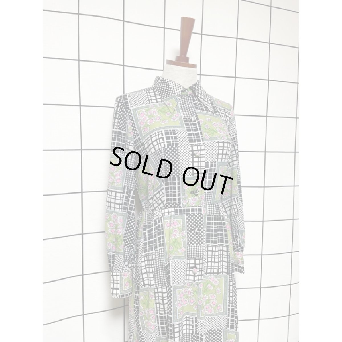 画像6: ストライプ ドット 千鳥格子 花柄 ウエストゴム レディース 長袖 昭和レトロポップ 国産古着 レトロワンピース【8276】 (6)