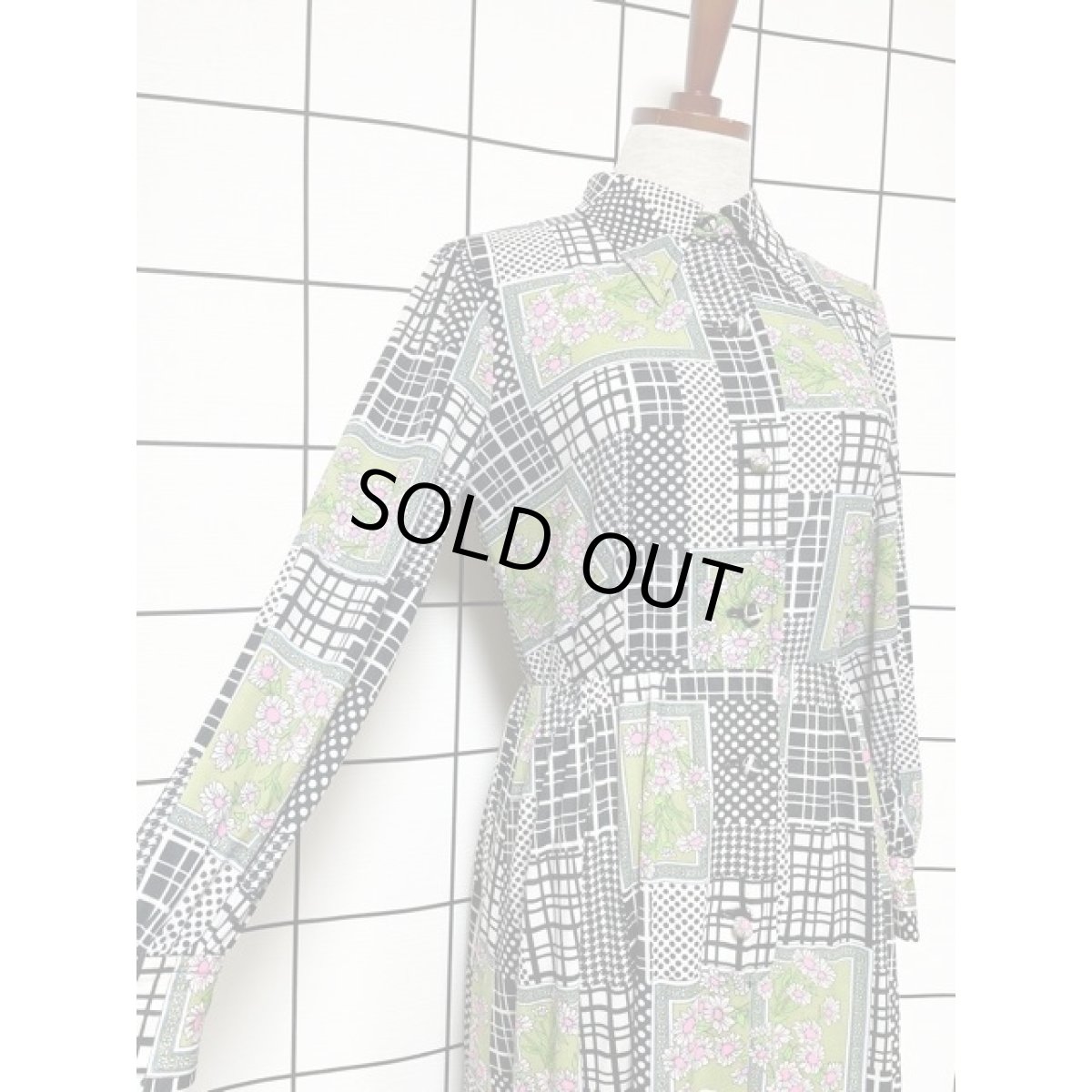 画像4: ストライプ ドット 千鳥格子 花柄 ウエストゴム レディース 長袖 昭和レトロポップ 国産古着 レトロワンピース【8276】 (4)