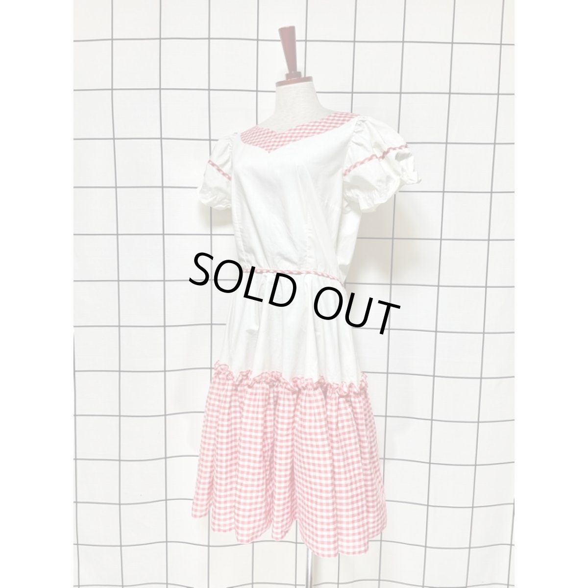 画像2: ギンガムチェック ティアード 切り替えし パフスリーブ レトロ USA古着 ヴィンテージワンピース (2)