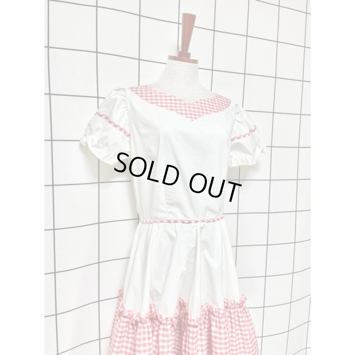 画像7: ギンガムチェック ティアード 切り替えし パフスリーブ レトロ USA古着 ヴィンテージワンピース (7)