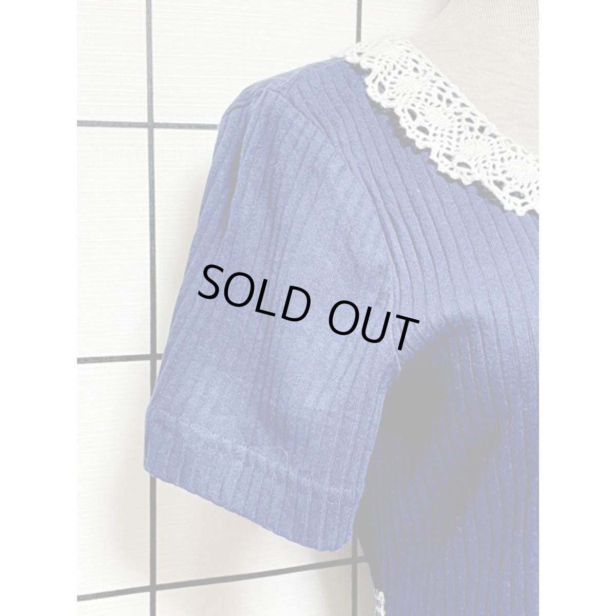 画像4: 花刺繍 チェック レース ニット メキシコ製 ネイビー ホワイト 切り替えし バックウエストリボン レトロ USA古着 ヴィンテージワンピース【V8349】 (4)