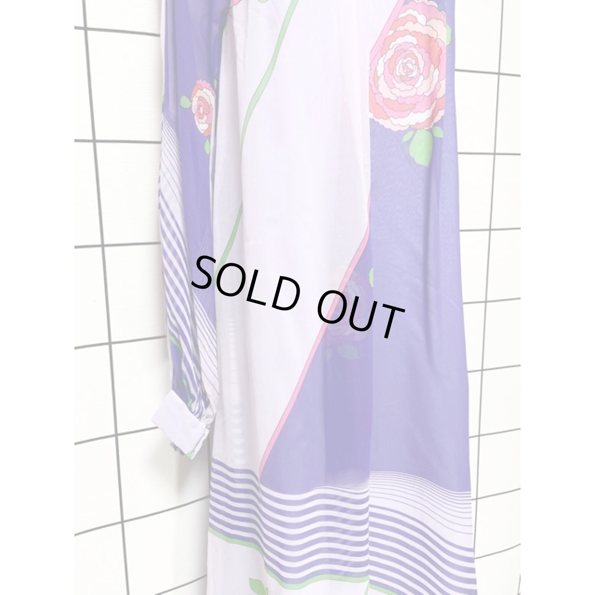 画像8: 花柄 斜めストライプ パープル シア ハイネック レトロ 長袖 昭和レトロ 国産古着 レトロワンピース 【V8360】 (8)