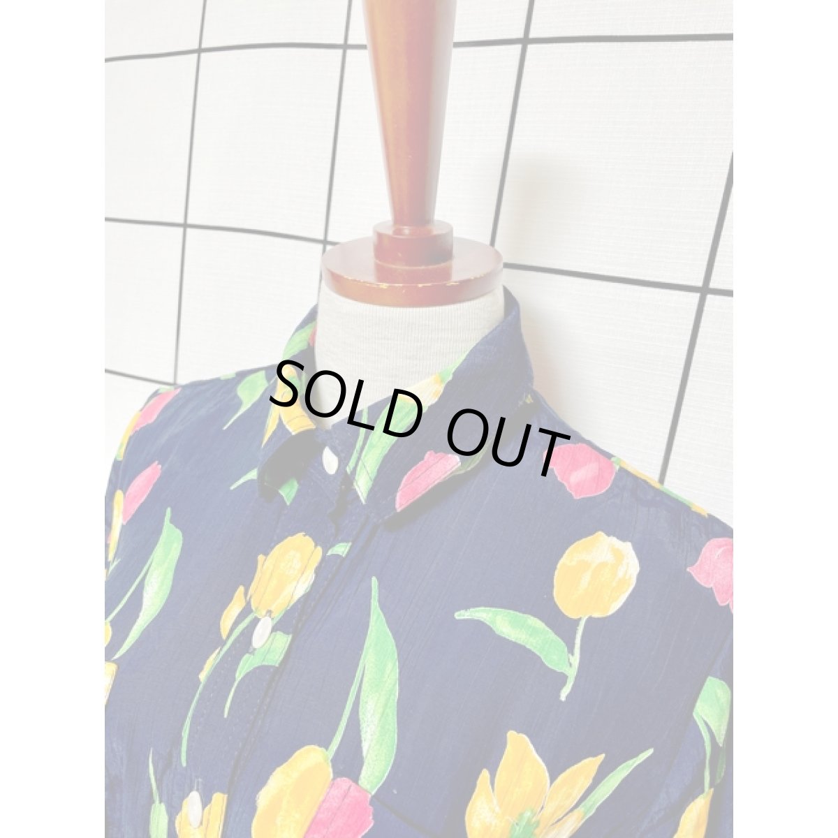 画像7: チューリップ柄  ベルト付 ネイビー ウエストゴム レトロ USA古着 ヴィンテージワンピース【V8381】 (7)