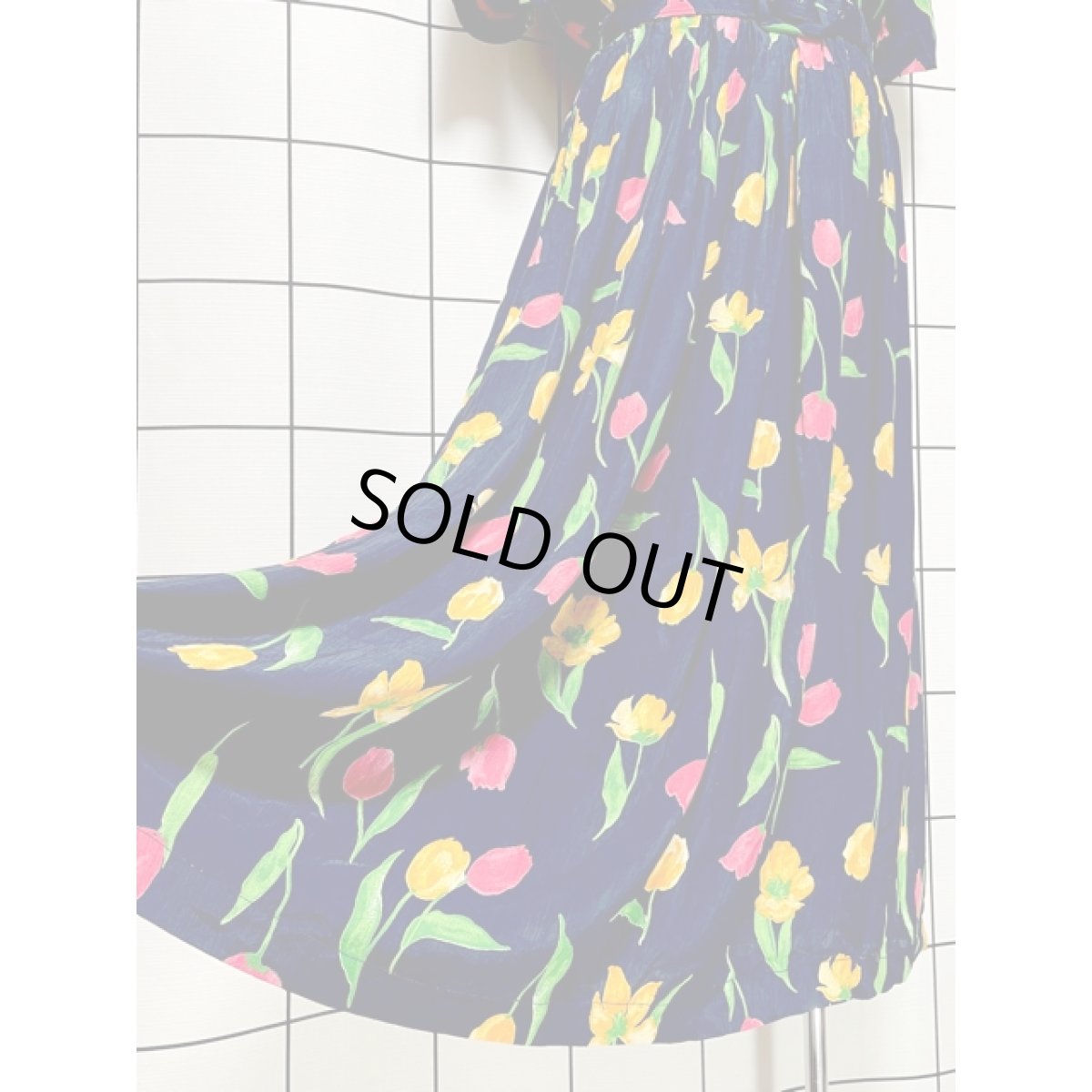 画像10: チューリップ柄  ベルト付 ネイビー ウエストゴム レトロ USA古着 ヴィンテージワンピース【V8381】 (10)