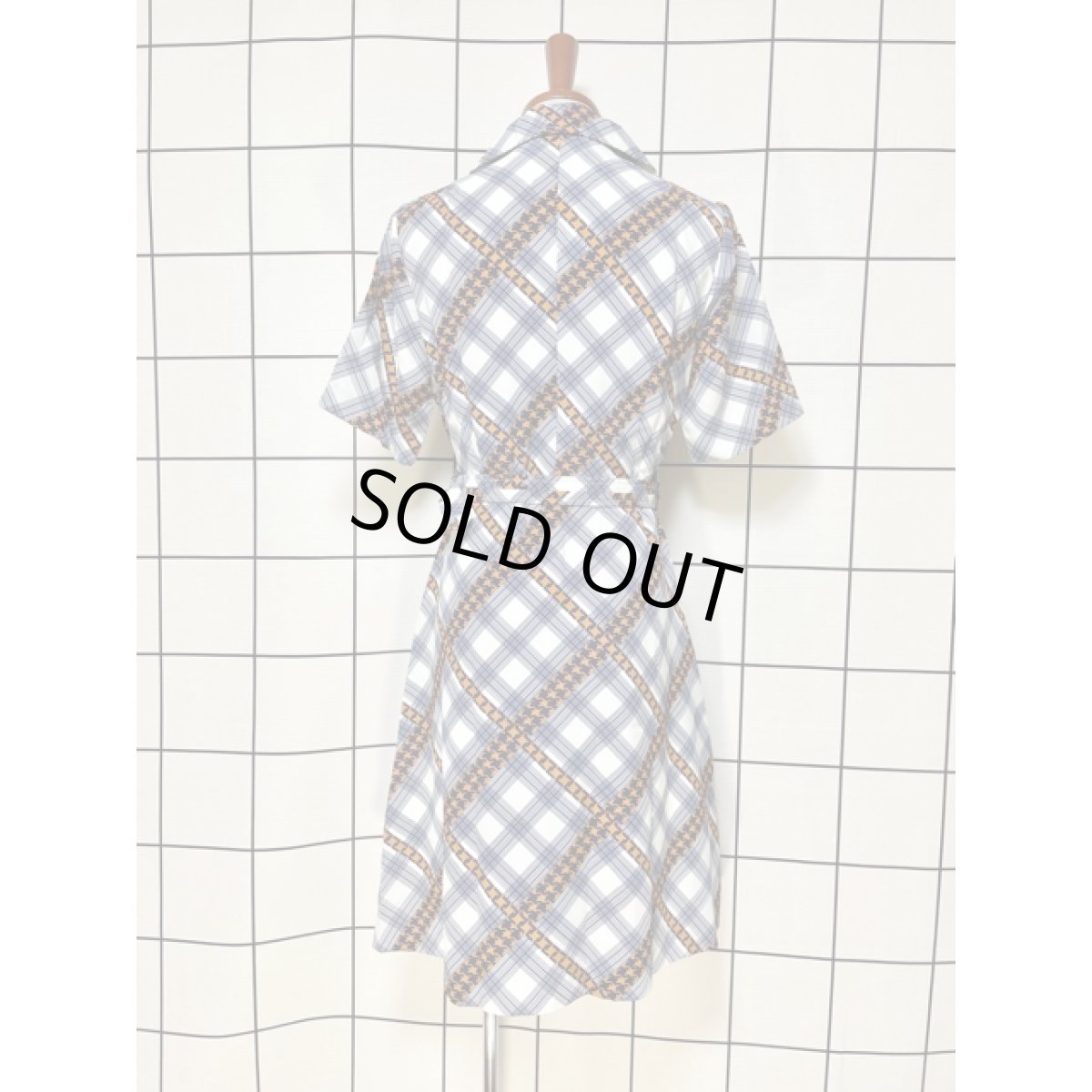 画像5: レトロワンピース チェック柄 70's バックル付ベルトセット 半袖 古着 (5)