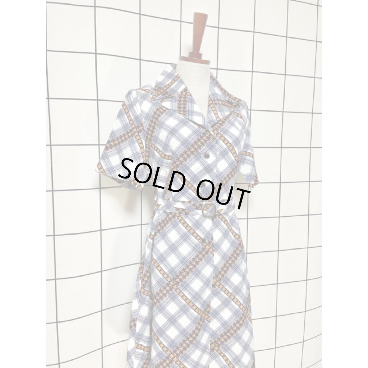 画像6: レトロワンピース チェック柄 70's バックル付ベルトセット 半袖 古着 (6)