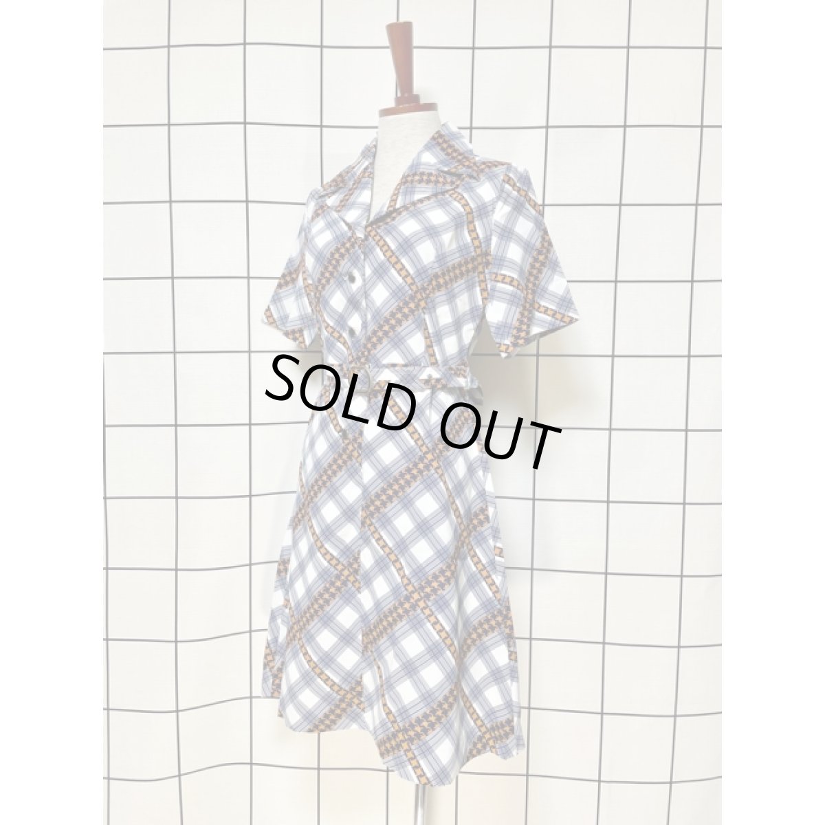 画像2: レトロワンピース チェック柄 70's バックル付ベルトセット 半袖 古着 (2)